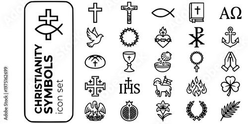 Christianity Symbols Faith Bold Line Icons-Cross Ichthys Bible Alpha Omega Sacred Heart Chi-Rho Anchor Chalice Rosary Agnus Dei-25 Christianity Icon Set Vector