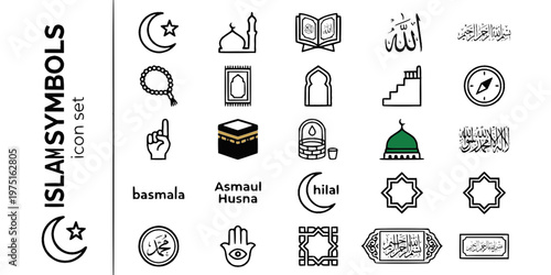 Islam Symbols Faith Bold Line Icons-Crescent Star Quran Allah Bismillah Tasbih Mihrab Kaaba Zamzam Shahada Basmala-25 Islamic Faith Icon Set Vector