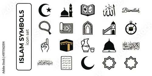 Islam Symbols Faith Bold Line Icons-Crescent Star Quran Allah Bismillah Tasbih Mihrab Kaaba Zamzam Shahada Basmala-25 Islamic Faith Icon Set Vector