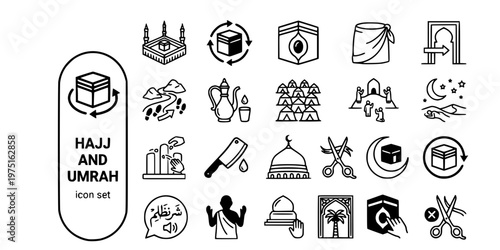 Hajj Umrah Pilgrimage Bold Line Icons-Kaaba Tawaf Ihram Miqat Zamzam Mina Arafat Muzdalifah Jamarat Talbiyah Wukuf Rami-25 Hajj Pilgrimage Icon Set Vector