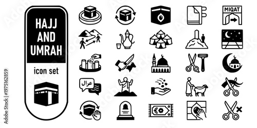 Hajj Umrah Pilgrimage Bold Line Icons-Kaaba Tawaf Ihram Miqat Zamzam Mina Arafat Muzdalifah Jamarat Talbiyah Wukuf Rami-25 Hajj Pilgrimage Icon Set Vector