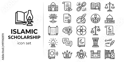 Islamic Scholarship Knowledge Bold Line Icons-Madrasa Ijaza Hadith Tafsir Fiqh Fatwa Ijtihad Ijma Qiyas Sunnah Tajweed Hifz-25 Islamic Scholarship Icon Set Vector