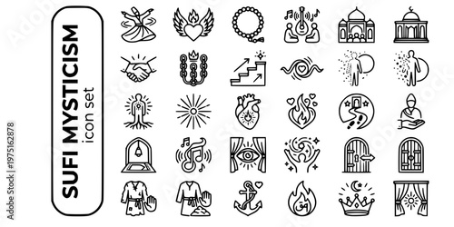 Sufi Islamic Mysticism Bold Line Icons-Dervish Dhikr Sama Murshid Silsila Maqam Fana Baqa Noor Ishq Tariqah Zawiya Kashf-25 Sufi Mysticism Icon Set Vector