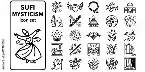 Sufi Islamic Mysticism Bold Line Icons-Dervish Dhikr Sama Murshid Silsila Maqam Fana Baqa Noor Ishq Tariqah Zawiya Kashf-25 Sufi Mysticism Icon Set Vector