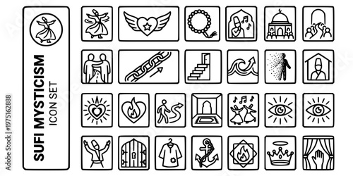Sufi Islamic Mysticism Bold Line Icons-Dervish Dhikr Sama Murshid Silsila Maqam Fana Baqa Noor Ishq Tariqah Zawiya Kashf-25 Sufi Mysticism Icon Set Vector