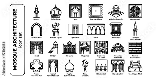 Mosque Islamic Architecture Bold Line Icons-Minaret Dome Iwan Sahn Mihrab Minbar Mashrabiya Muqarnas Riwaq Qibla Ottoman Mughal-25 Mosque Architecture Icon Set Vector