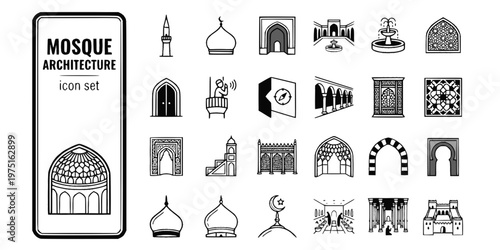 Mosque Islamic Architecture Bold Line Icons-Minaret Dome Iwan Sahn Mihrab Minbar Mashrabiya Muqarnas Riwaq Qibla Ottoman Mughal-25 Mosque Architecture Icon Set Vector