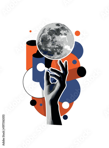 surreal hand moon dreamscape with layered circles cylinders and geometric shapes, black and white hand capturing oversized moon in surreal composition with