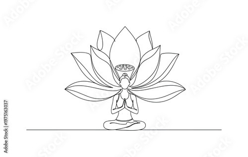 Peaceful Meditation Scene. Minimalistic one-line drawing calm silhouette in yoga posture with large lotus flower behind, continuous single black line on white