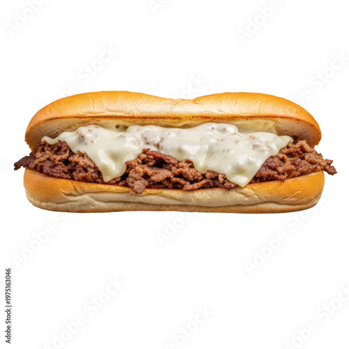 Classic Philly cheesesteak sandwich with melted provolone cheese, beef, hoagie roll