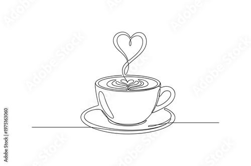 Romantic Latte with Heart Steam. Minimalistic one-line drawing latte cup on saucer with delicate heart-shaped steam rising upward, continuous single black line