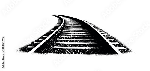 A slightly curved track section with dense halftone shadows suggesting age and wear, black and white illustration, editorial print aesthetic, high contrast,