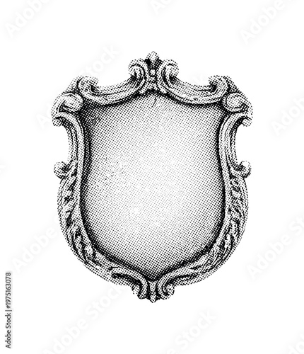An antique crest shield with intricate engraved borders and worn vintage texture, enlarged with generous negative space, black and white halftone illustration,
