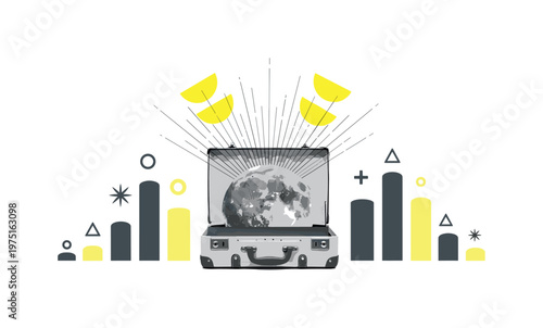 front view of suitcase with a cratered moon inside, yellow semicircles and thin black lines suggesting light rays, abstract cylinders and symbols around,