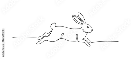 Nature Motion. Minimalistic one-line drawing a rabbit leaping lightly with smooth flowing contours, continuous single black line on white background, simple