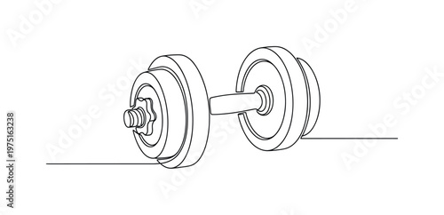 Minimal Fitness Equipment. Minimalistic one-line drawing compact dumbbell with circular weight plates and clean handle, continuous single black line on white