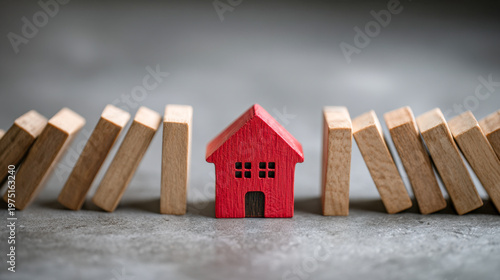 Red wooden house blocking falling wooden blocks representing stability and protection in uncertain or challenging situations on a gray surface
