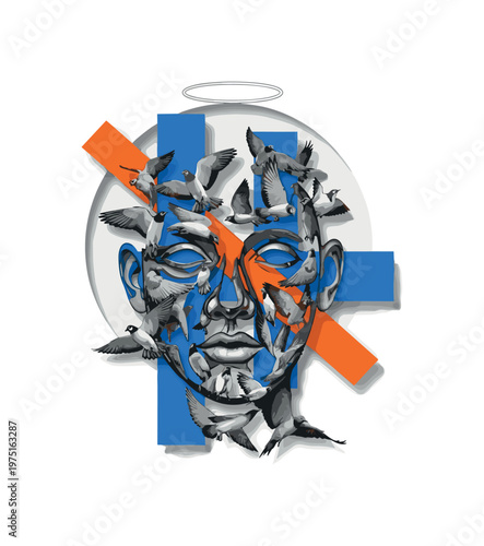 surreal composition of birds assembling into a fragmented human face, blue and orange geometric blocks intersecting the composition, circular halo element