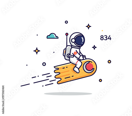 Little whimsical astronaut cute tiny astronaut riding a comet with sparkling trail and tiny decorative sparkles enhancing the playful cosmic scene. Minimalist