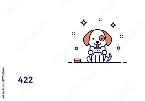 Mini dog treat scene charming tiny dog holding a small bone with subtle decorative sparkles enhancing the cozy playful illustration. Minimalist flat vector