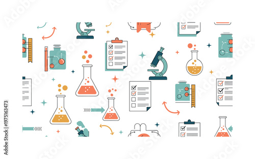 scientific method seamless pattern, repeating pattern, surface design, textile print, soft color palette, modern illustration, no shadows, flat lighting,
