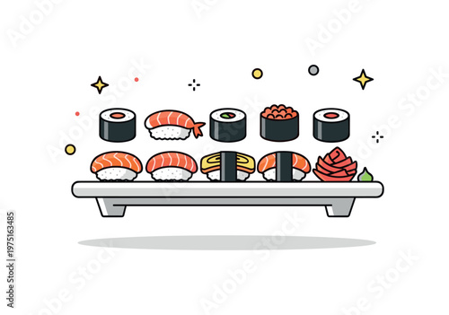 Tiny sushi assortment a small plate with a mix of sushi types arranged evenly with soft shadow grounding the scene. A neat and appealing visual of variety and
