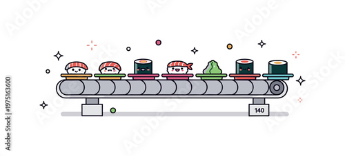 Mini sushi conveyor belt adorable tiny sushi conveyor belt with colorful sushi plates moving along the belt, a few sushi pieces with happy faces, and subtle