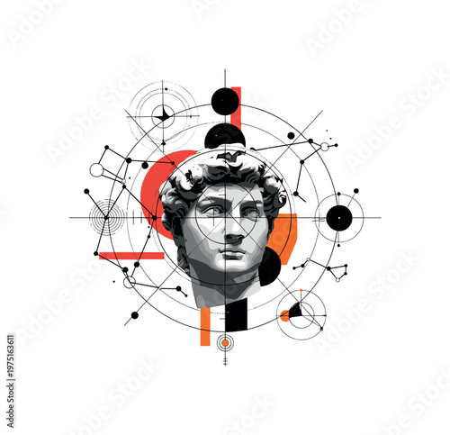 statue head celestial diagram with geometric circles abstract shapes and lines, black and white classical statue head intersected by constellation diagrams
