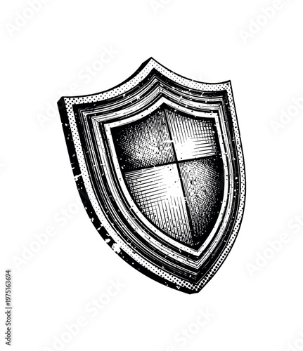 A decorative shield emblem with layered engraving and distressed vintage surface, slightly angled as a single object, black and white halftone illustration,