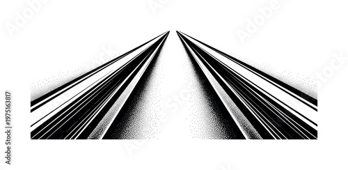 A cropped perspective of parallel rails with strong engraved lines and halftone depth, black and white illustration, classic editorial style, high contrast,