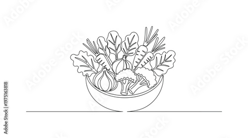 Healthy Food with Vegetables. Minimalistic one-line drawing bowl filled with assorted vegetables like carrot, broccoli and leafy greens, continuous single