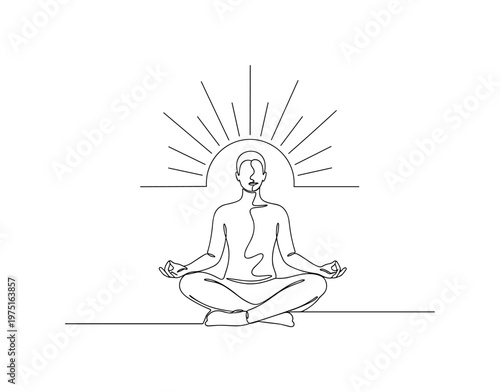 Peaceful Energy. Minimalistic one-line drawing a person meditating with a sun radiating around the figure, continuous single black line on white background,
