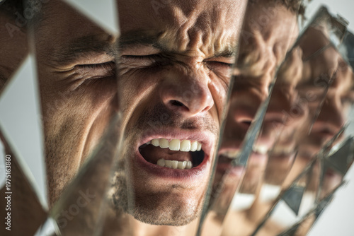 Distressed man expressing intense emotion with eyes closed and mouth open reflected multiple times in fragmented mirror pieces creating dramatic visual effect