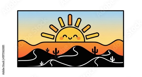 Desert landscape with smiling sun.