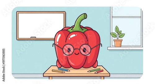 Red bell pepper cartoon character classroom.