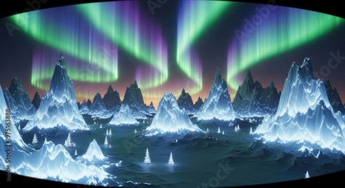 Aurora borealis over icebergs landscape.