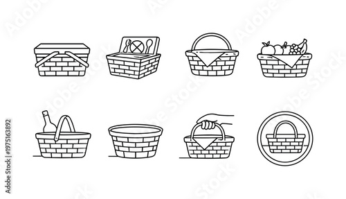 "Picnic Basket". Minimalistic set one-line drawing closed picnic basket, open basket with lid, basket with