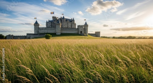 Historic castle in a wheat field.