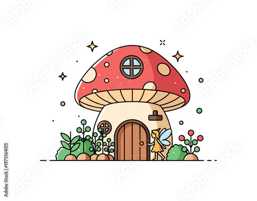 Fairy home a cozy little mushroom cottage with a small fairy near the doorway and tiny plants arranged like a secret garden. A warm and inviting fantasy moment