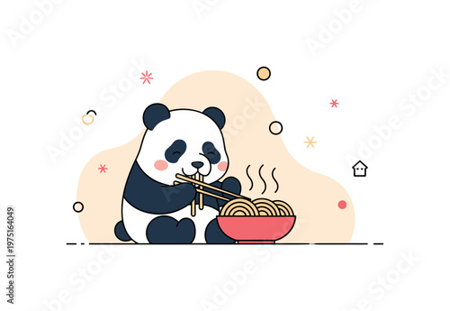 Cozy panda meal a small panda eating noodles with gentle steam and soft rounded shapes creating a warm mood. A comforting and friendly illustration emphasizing