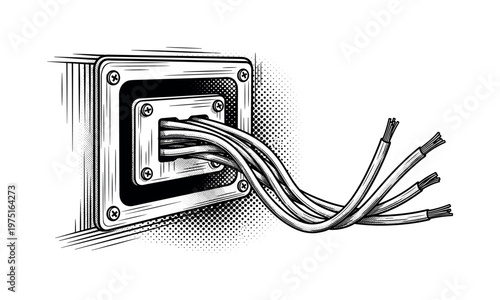 A panel corner with wires entering through a metal plate, rendered in engraved linework and halftone gradients, black and white illustration, editorial print
