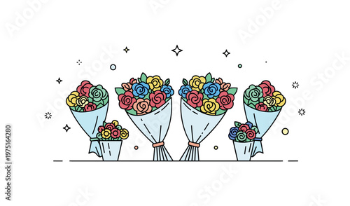 Bouquet display shop a compact storefront with colorful flower bundles arranged symmetrically with soft decorative sparkles. A fresh and cheerful illustration