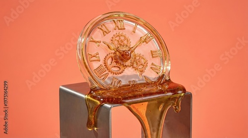 A surreal clock made of liquid honey melting over a metallic pedestal. Represents fluid time and sensory indulgence. Perfect for creative advertising and philosophical projects.