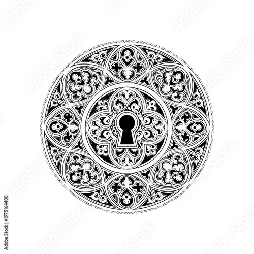 A ceremonial gothic medallion with retro proportions and an engraved keyhole centerpiece, shown alone with slight cropping, black and white halftone