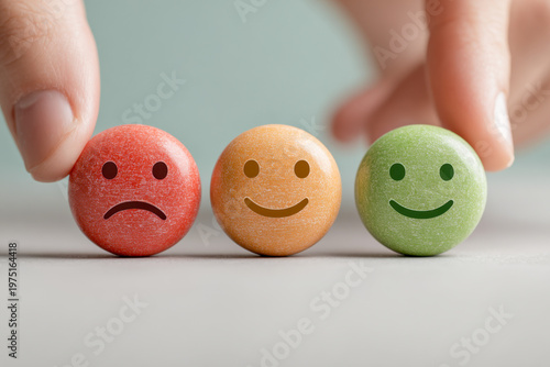 Hands selecting colorful round tokens with sad, neutral, and happy faces representing emotions and customer satisfaction concept on gray surface
