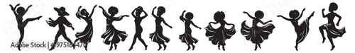 set of elegant african women silhouettes in slim fit clothing and dresses, dancing with afro hair and turbans, isolated on white background