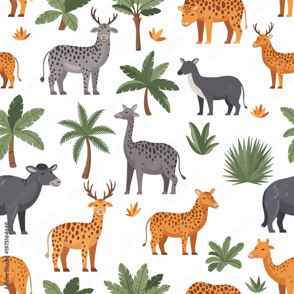 Obraz premium Whimsical jungle pattern featuring spotted animals, deer, elephants, and palm trees