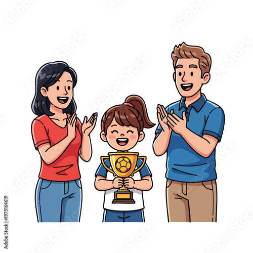 Proud family celebrates child's soccer victory with a trophy and applause