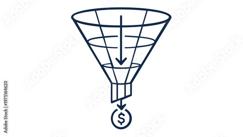 Professional marketing sales funnel vector icon illustration depicting lead conversion strategy, customer journey stages, and revenue generation with a dollar sign symbol for business growth concepts.