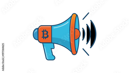Vector illustration of a blue and orange megaphone featuring a Bitcoin symbol, ideal for cryptocurrency marketing, digital currency promotion, blockchain news, and brand awareness icon.